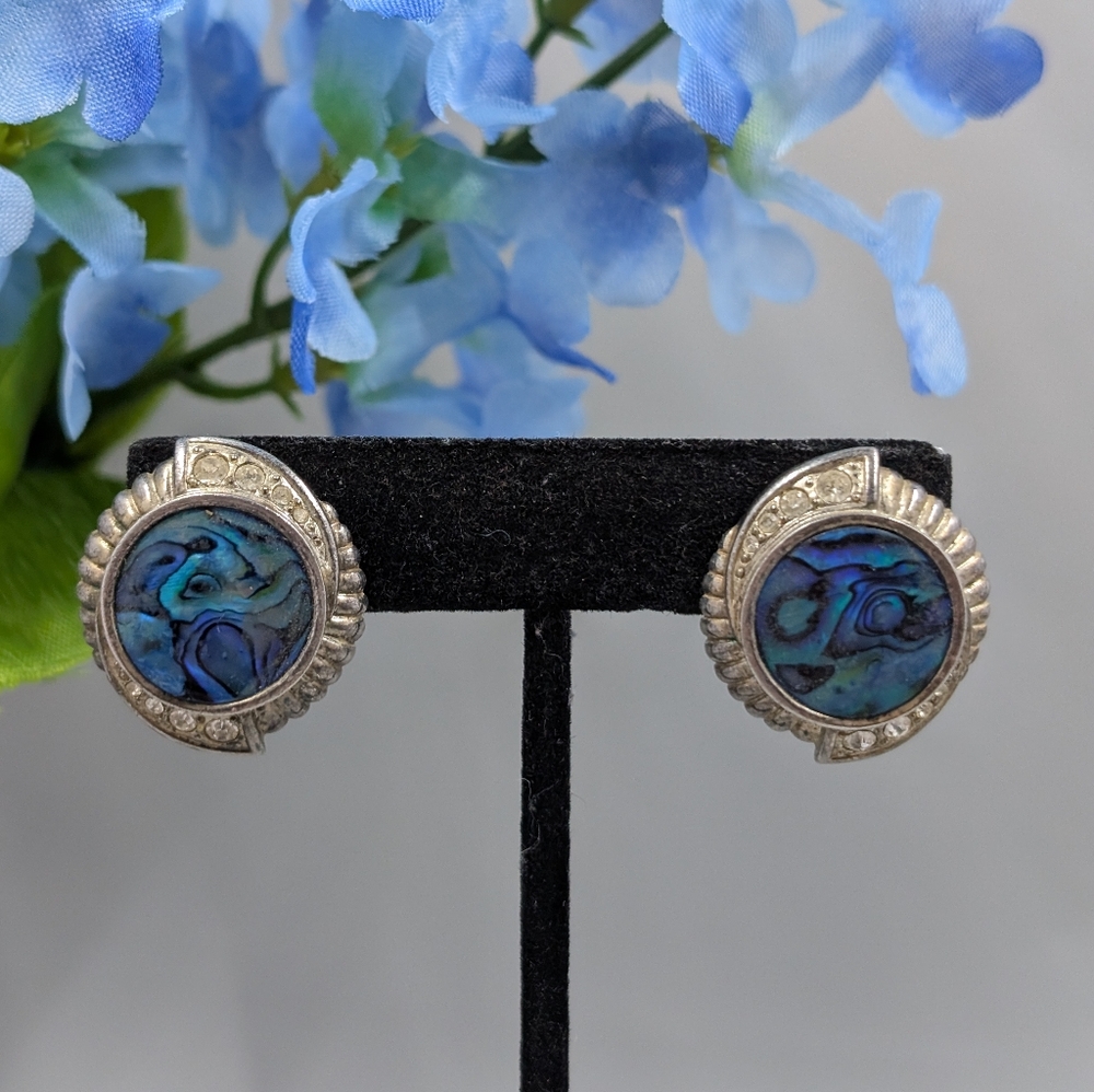 Vintage Abalone Shell And Genuine Crystal 925 Silver Plated Stud Earrings